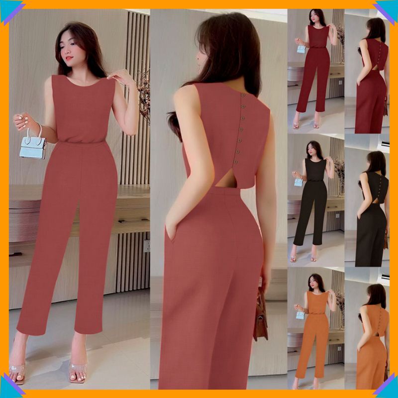 Set đồ nữ dài nguyên bộ quần dài suông , áo cổ thuyền sát nách khoét lưng V phối nút xinh xắn J1211