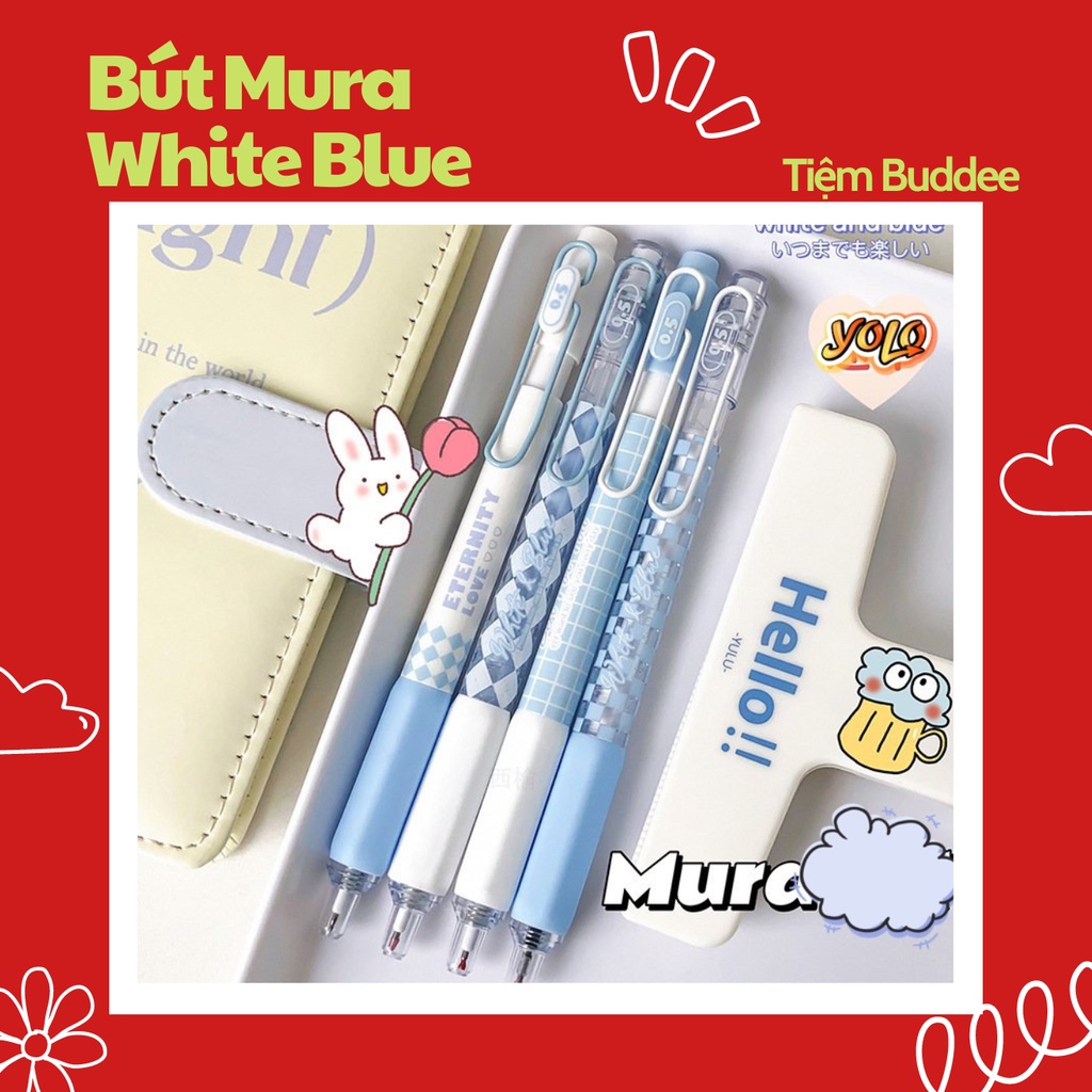 Bút Gel Bấm Mura White Blue M8152 Vỏ Xanh Thiết Kế Đơn Giản Mực Đen, Ngòi 0.5mm