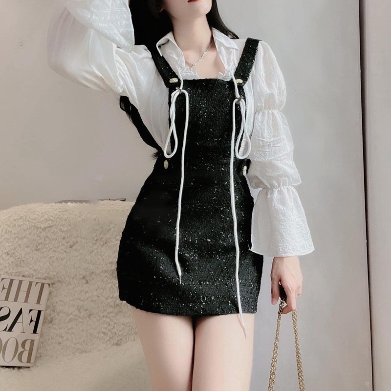 set đầm yếm dạ kèm sơmi tay loe