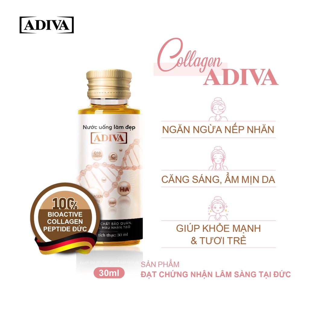 Combo 2 Hộp Nước Uống Làm Đẹp Collagen ADIVA (14 Chai/Hộp) + 1 Hộp Nghệ Micell ADIVA 30 Viên