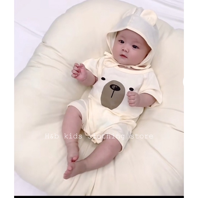 Set body mặt gấu kèm mũ đáng yêu cho bé từ 3-10kg, chất cotton tàu xịn mềm mịn thấm hút mồ hôi