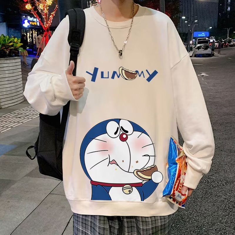 M-8XLáo khoác nam Áo Sweater Tay Dài Dáng Rộng cotton In Hình Mèo Máy Doremon Phong Cách retro Mỹ Thời Trang Unisex