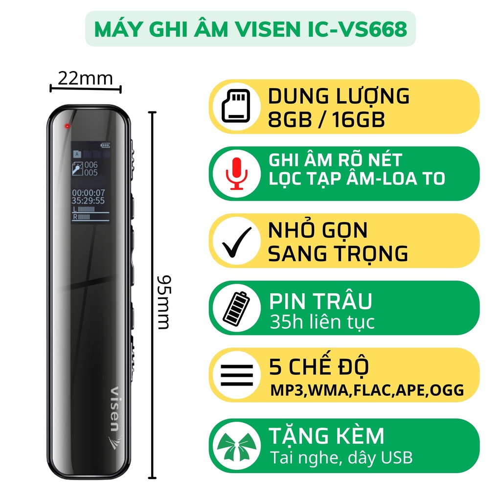 Máy ghi âm Visen Hàn Quốc cao cấp dung lượng 16GB loại bỏ các tạp âm bên ngoài, ghi âm liên tục 715 giờ Bảo Hành 2 năm