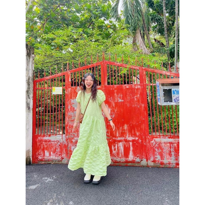 Váy Đầm Babydoll Dáng Dài Maxi Tay Bồng Chất Vải Tơ Mềm Mịn Thoáng Mát Phong Cách Dễ Thương Baby