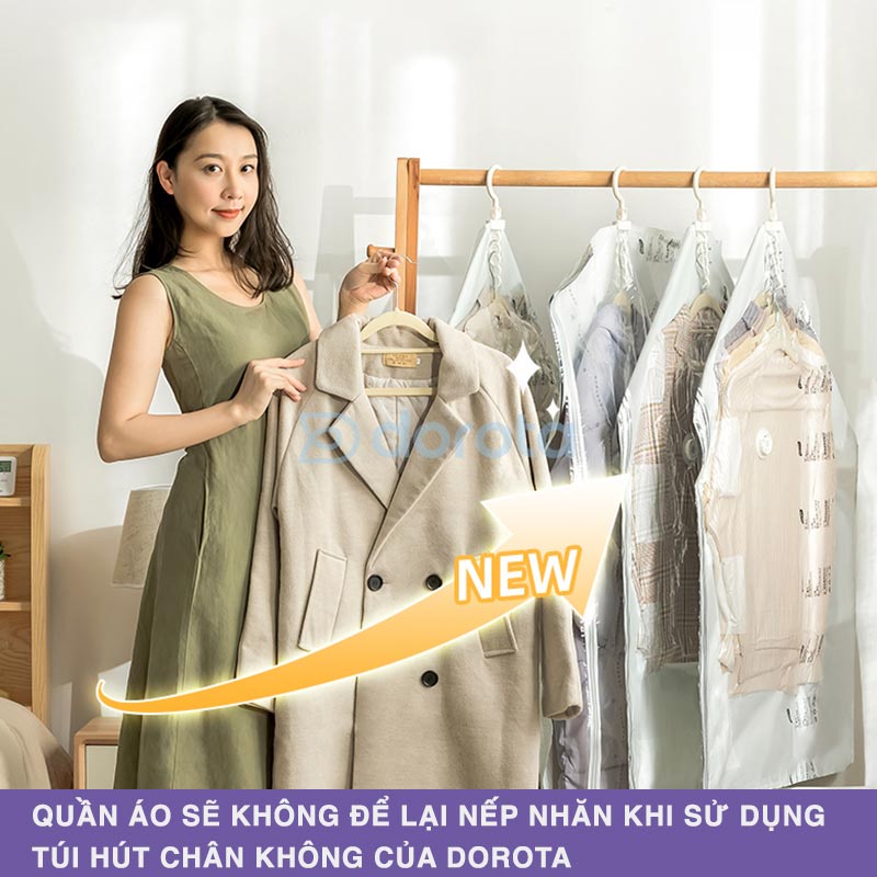 Túi hút chân không chống nhăn DOROTA không cần dùng bơm bảo quản quần áo có móc treo tái sử dụng TCN