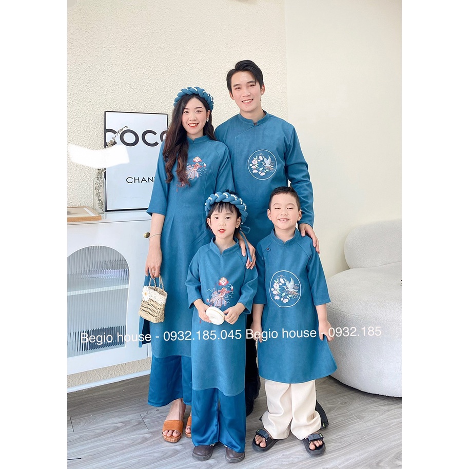 Áo dài gia đình thêu chim cá