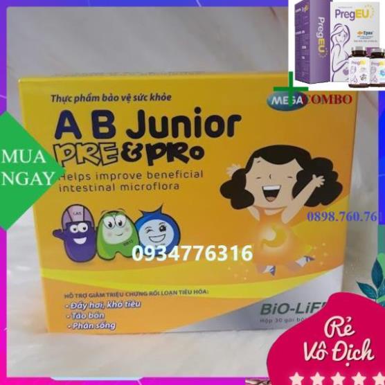 Combo Viên bổ bà bầu PregEU+ Men vi sinh A B Junior Pre&Pro – Hỗ trợ giảm táo bón, khó tiêu, chướng bụng (30 gói) ☁