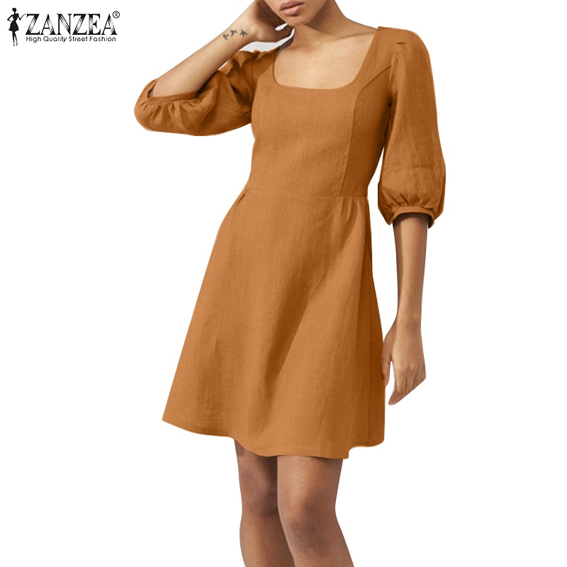 Đầm ZANZEA tay lửng cổ vuông màu trơn thanh lịch dành cho nữ