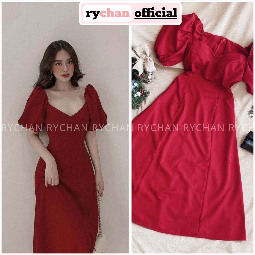 Đầm Đỏ Dự Tiệc Nữ Dáng Dài Cổ Tim Tay Phồng Bo Eo Cực Tôn Da [ẢNH THẬT CUỐI] - DX9742