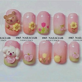 Nailbox charm gấu thỏ pastel màu sáng hồng hoa Móng tay giả thiết kế yêu cầu keo dũa 1987.Nailsclub