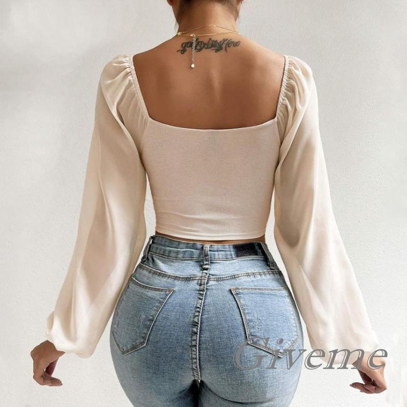Áo Croptop Dây Rút Cổ V Dài Tay Thời Trang Nữ