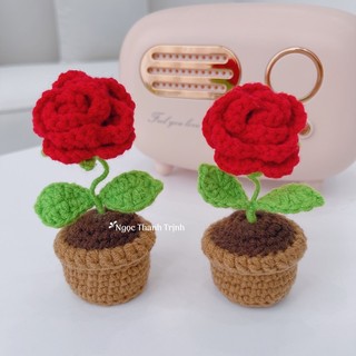 Chậu hoa hồng 🌹 bằng len, Chậu Hoa mini bằng len, trang trí góc học tập, bàn làm viêc, quà tặng handmade ý nghĩa 🎁
