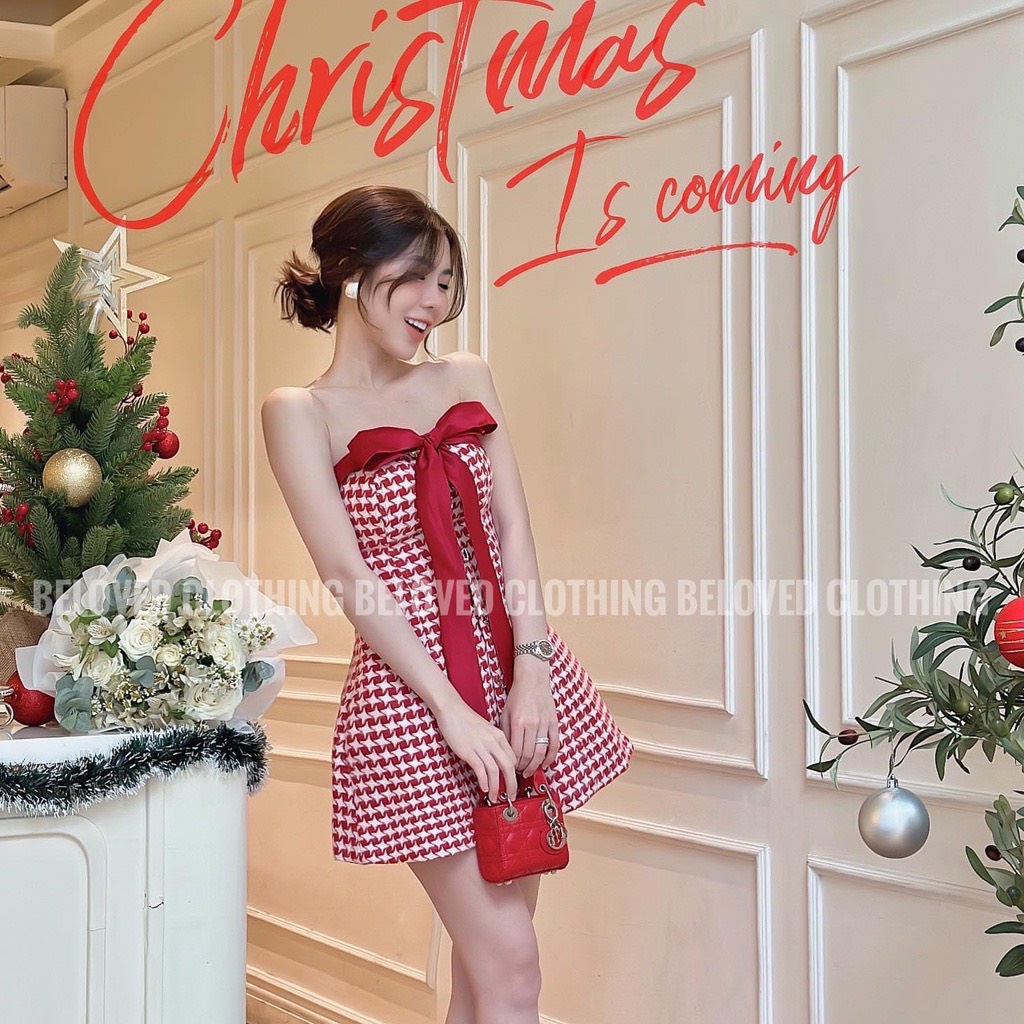 Đầm đi tiệc, đi chơi cúp ngực sang trọng, tôn dáng 2 lớp với chất bố dạ phối nơ màu đỏ đô và đen