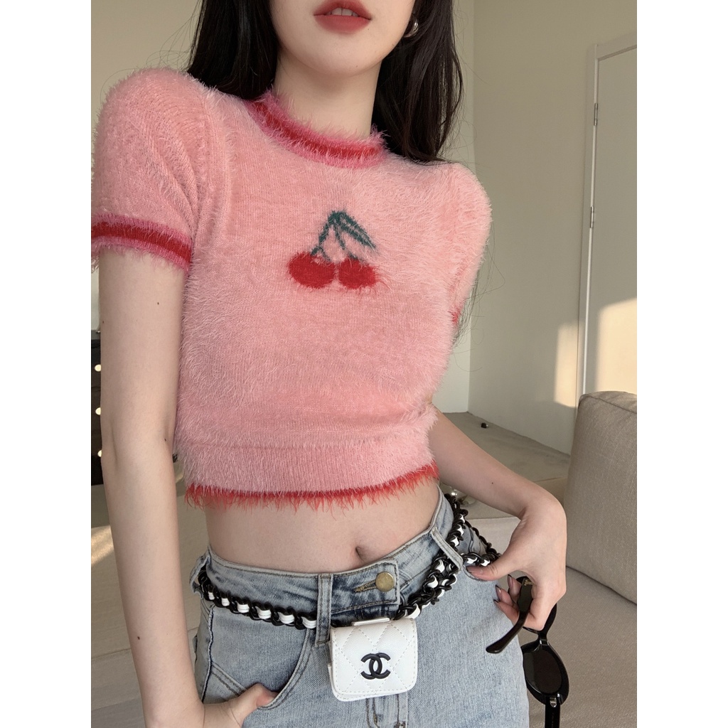 QKOOLE Áo crop top  tay ngắn hở rốn giả lông chồn thời trang mùa hè xinh xắn dành cho nữ