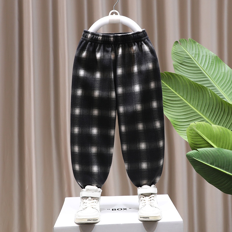 Quần dài YAOEENH dáng rộng lót lông cừu dày dặn họa tiết kẻ sọc thời trang thu đông dành cho trẻ em 90-160cm