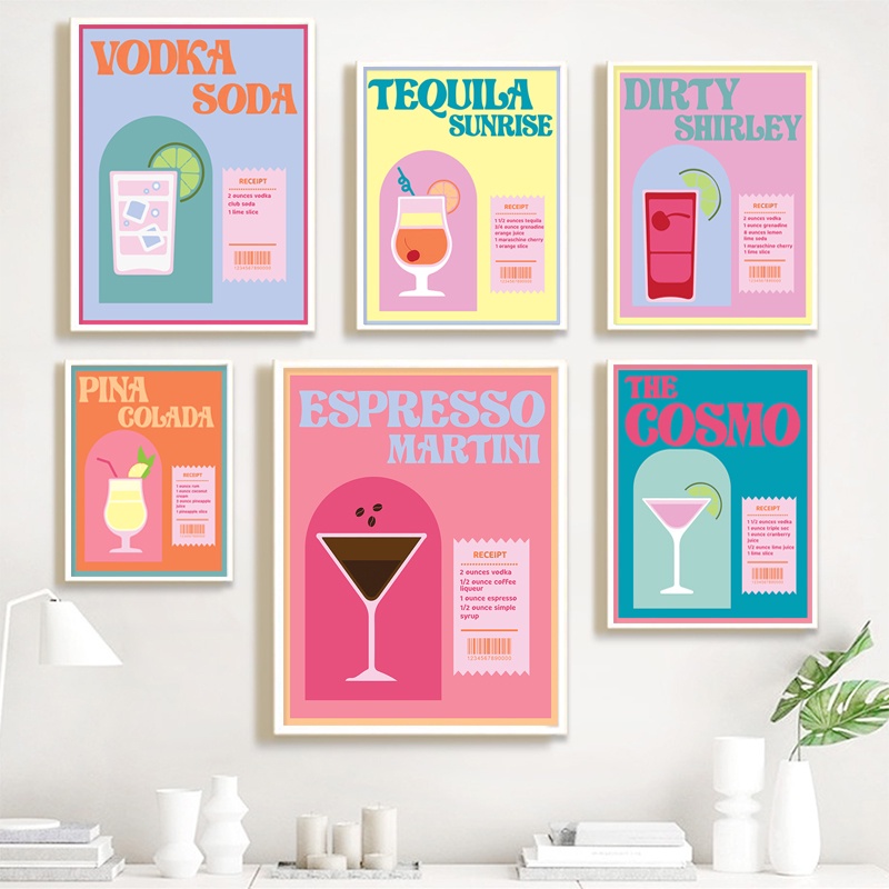 Tranh Vải Bạt Treo Tường In Hình Ly Nước Ép Trái Cây Hoạt Hình Màu Hồng Cocktail Kiểu Bắc Âu Trang Trí Nhà Bếp