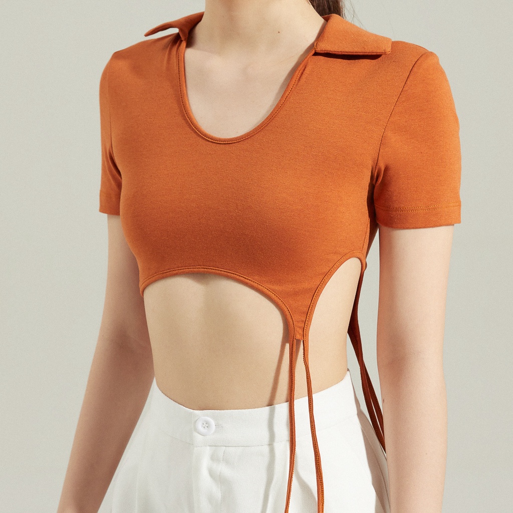 Áo croptop Maybi ôm thun phối dây