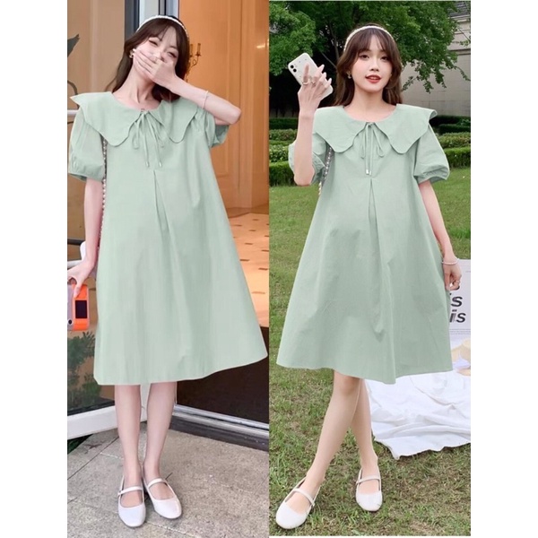 Váy Bầu thiết kế Dáng xuông chữ A màu hồng và xanh cổ lượn sóng chất đũi thô mát size 40-75kg