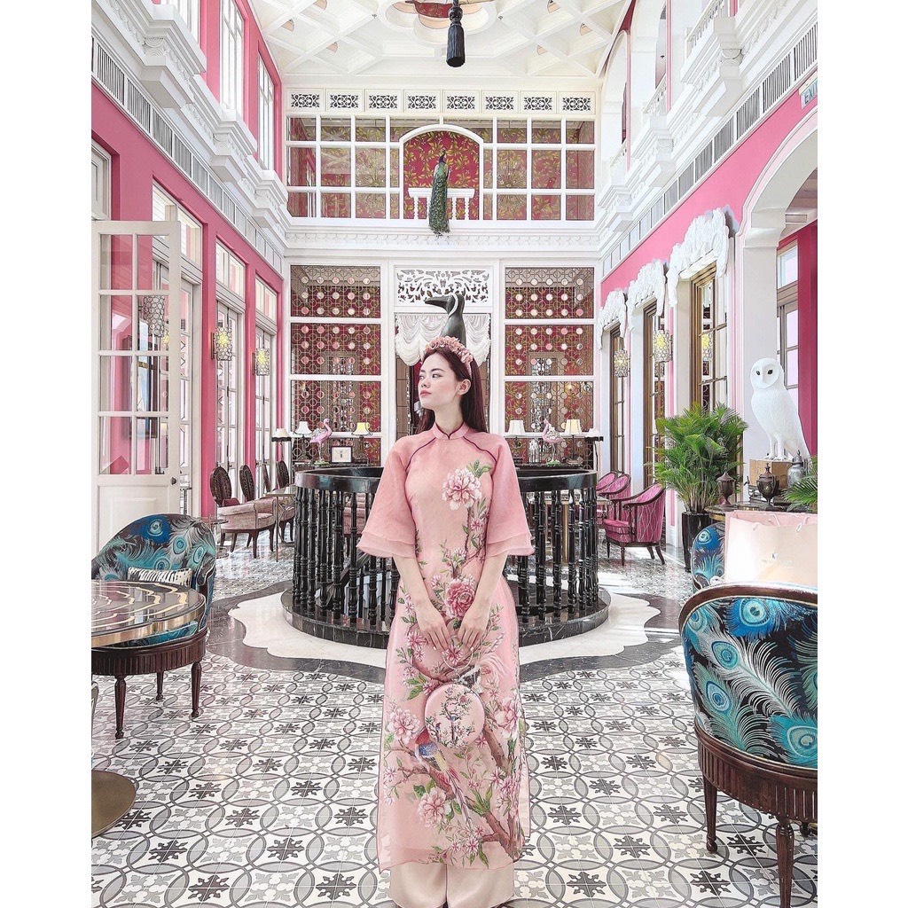 SÉT ÁO DÀI TRUYỀN THỐNG,ÁO DÀI CAO CẤP VOON TƠ 4 TÀ IN HỌA TIẾT CHIM CÔNG VIỀN ĐÔ SANG TRỌNG QUÝ PHÁI