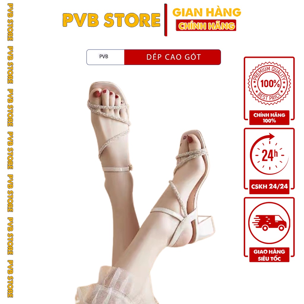Sandal cao gót PVB STORE - Nữ đi học ALIZA 7 phân quai chéo đính đá siêu hót 2022 {Đen,Trắng ,kem} MÃ B6