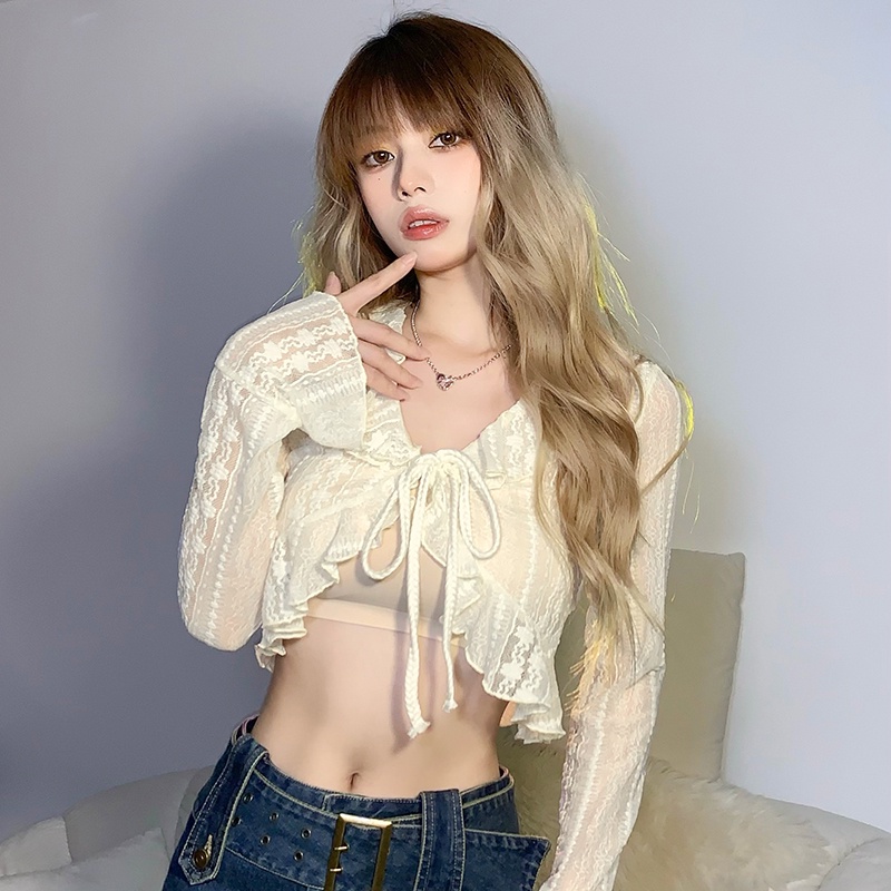 Áo Cardigan Dệt Kim Tay Dài Phối Bèo Dễ Thương Phong Cách Pháp Thời Trang Mùa Hè Cho Nữ