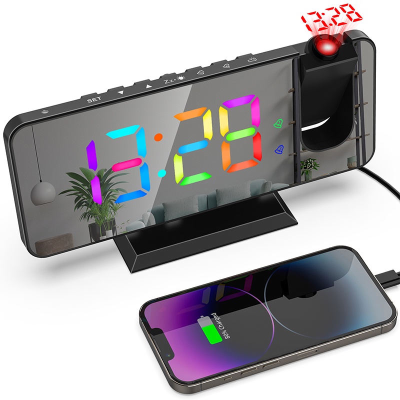 Đồng Hồ Báo Thức Điện Tử Thông Minh Để Bàn Có Đèn LED RGB Và Cổng USB Xoay 180 Độ° Đồng Hồ Báo Thức Gắn Trần Nhà Tiện Dụng