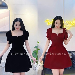 Đầm thời trang nữ mặc đi chơi, đầm cổ vuông tay phồng ngắn chất cotton lạnh có mút