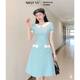 Đầm đi chơi Nhật Vy tay phồng cổ tròn phối bèo dáng ôm có túi đính nơ chất caro lụa phù hợp công sở cafe - D2634