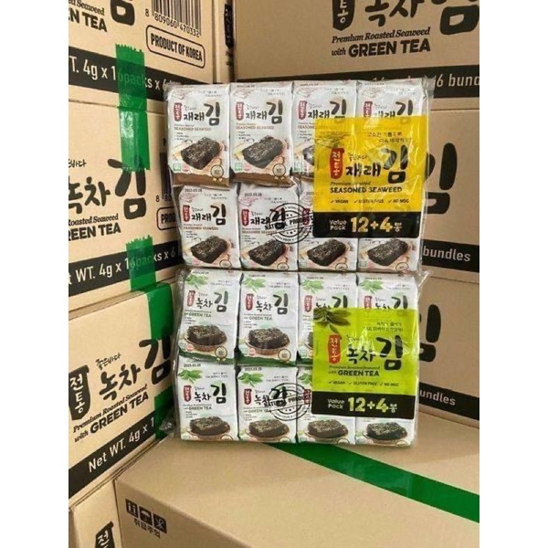 Lốc 16 gói Rong biển ăn liền KFish vị trà xanh, vị nướng nhập khẩu Hàn Quốc