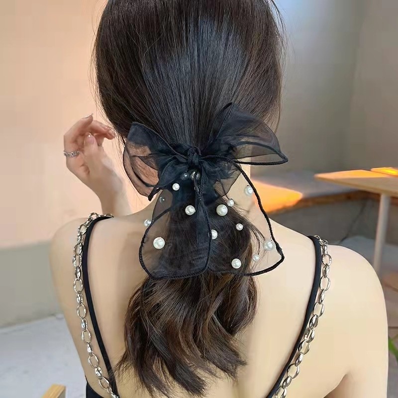 Dây Buộc Tóc Cao Su Co Giãn Đính Hạt Ngọc Trai Và Nơ Phong Cách Mới Cho Nữ