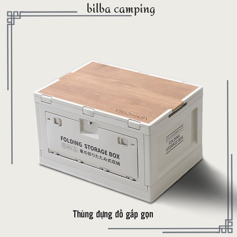 Thùng đựng đồ dã ngoại cắm trại đa năng 50L, hộp nhựa PP gập gọn nắp đậy mặt gỗ - Billba Camping