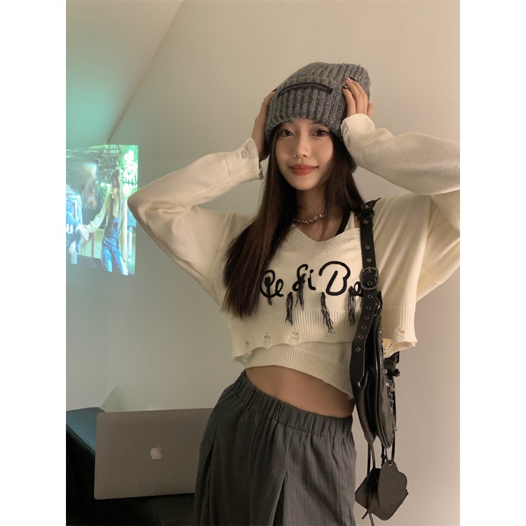 Set trang phục NZN áo cổ yếm và áo sweater mặc ngoài tay dài thêu họa tiết chữ cái thời trang cho nữ (có bán lẻ)