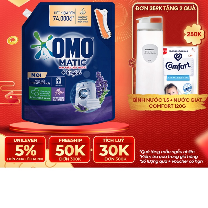 Nước giặt OMO Matic chuyên dụng Cửa Trước Lavender Khử Mùi Thư Thái 3.6kg