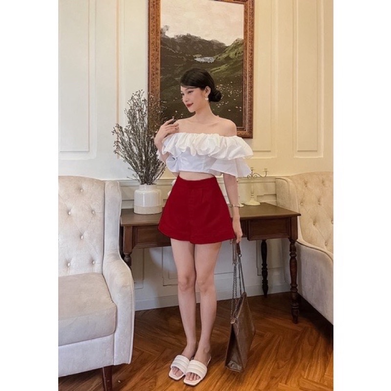 Áo lệch vai chun hồng + Short trắng