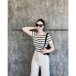 [101] Áo dệt kim cộc tay cổ tròn  xuất dư cao cấp có dãn 4 màu đen trắng hồng kẻ mác ảnh thật