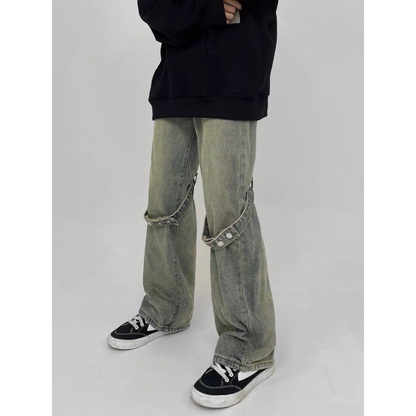 jeans nam ông rộng baggy nam wash xanh có dây ở gối