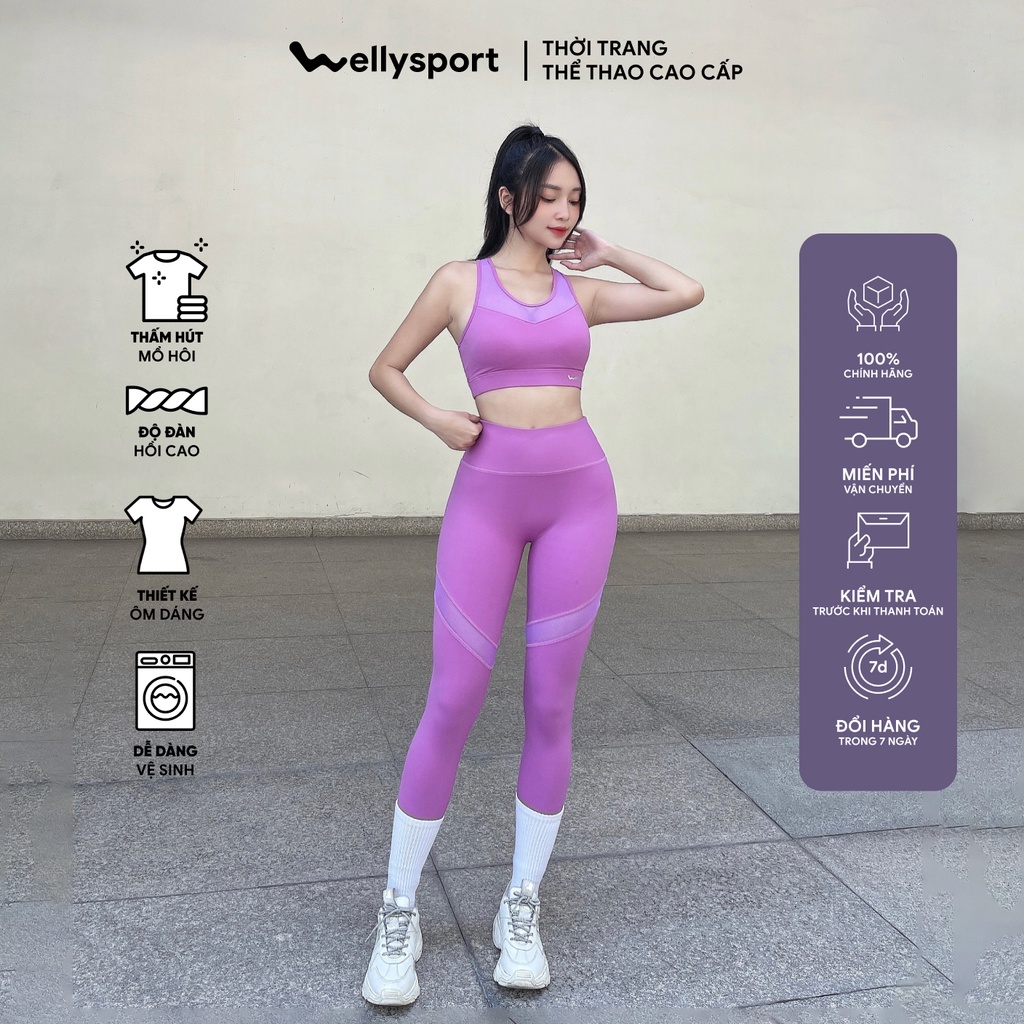 Bộ đồ tập phối lưới Yoga nữ, Gym Welly Sport, kèm mút đệm siêu nâng ngực, màu tím lavender