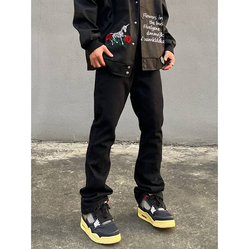 Exit American High Street Flame Skull Embroidered Jeans Men's Straight Slim Flare Pants Men's Fried Street Ruffle Handsome Pants 0fFV