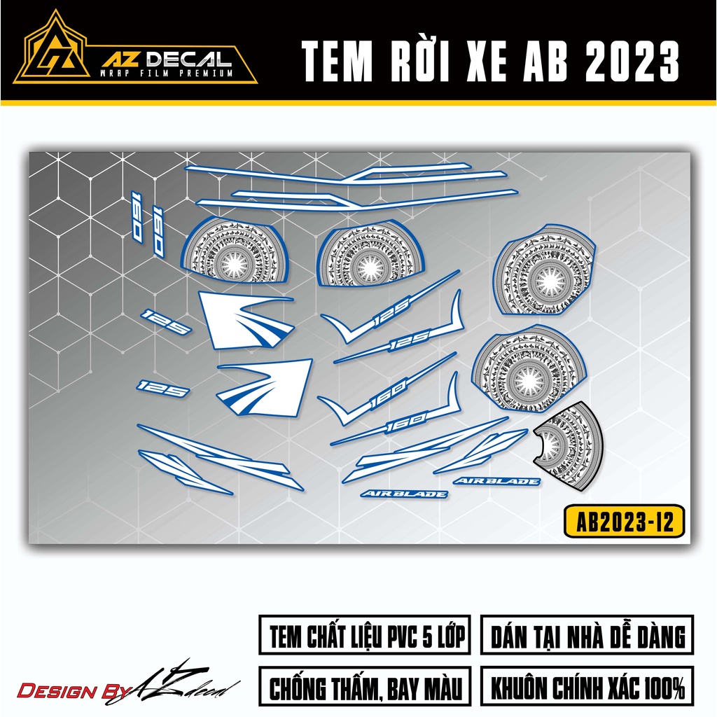 Tem AirBlade 2023 Thiết Kế Trống Đồng Phá Cách | AB2023-12 | Team Decal Hình Dán Xe Máy AB Air Blade 125 160 Đen Đỏ Xanh