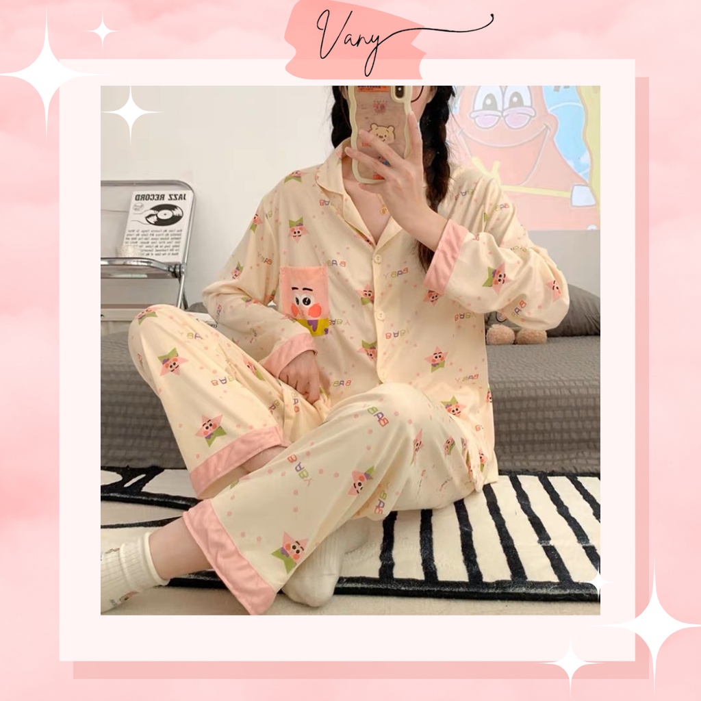 Bộ Đồ Ngủ Pijama Tay Dài In Hoạt Hình Spongebob Màu Hồng Dễ Thương Chất Cotton Mịn Đẹp Đủ Size Form Rộng