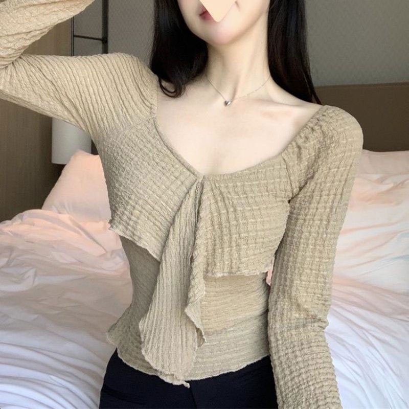 Áo Sweater Dệt Kim Tay Dài Cổ Chữ V Màu Sắc Đơn Giản Cho Nữ
