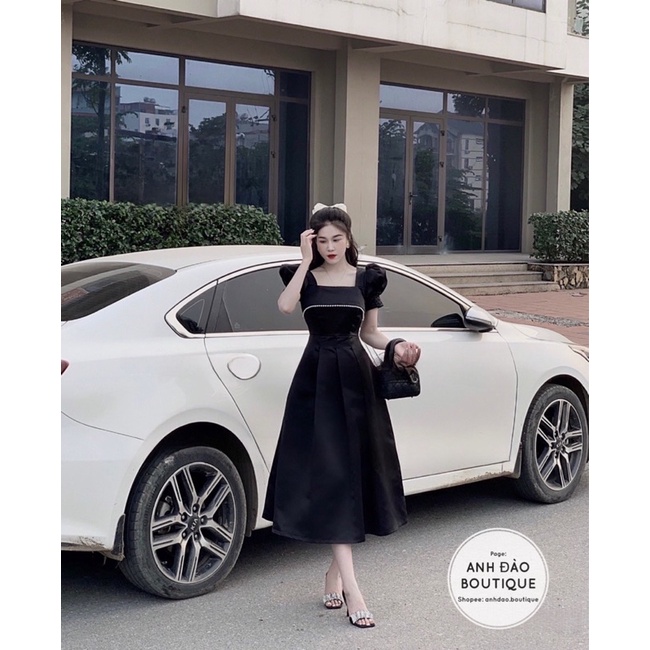 Váy nữ xoè cưới dự tiệc tay phồng ngực viền ngọc màu trắng đen chất lụa V336 fullsize AĐ BOUTIQUE