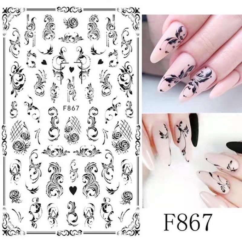 Sticker dán móng tay nail hoa văn trắng đen & hoa mạ vàng đen cực đẹp