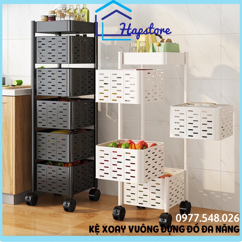 Kệ xoay vuông đa năng nhà bếp nhiều tầng, giá đựng đồ gia đình rổ vuông có bánh xe di chuyển