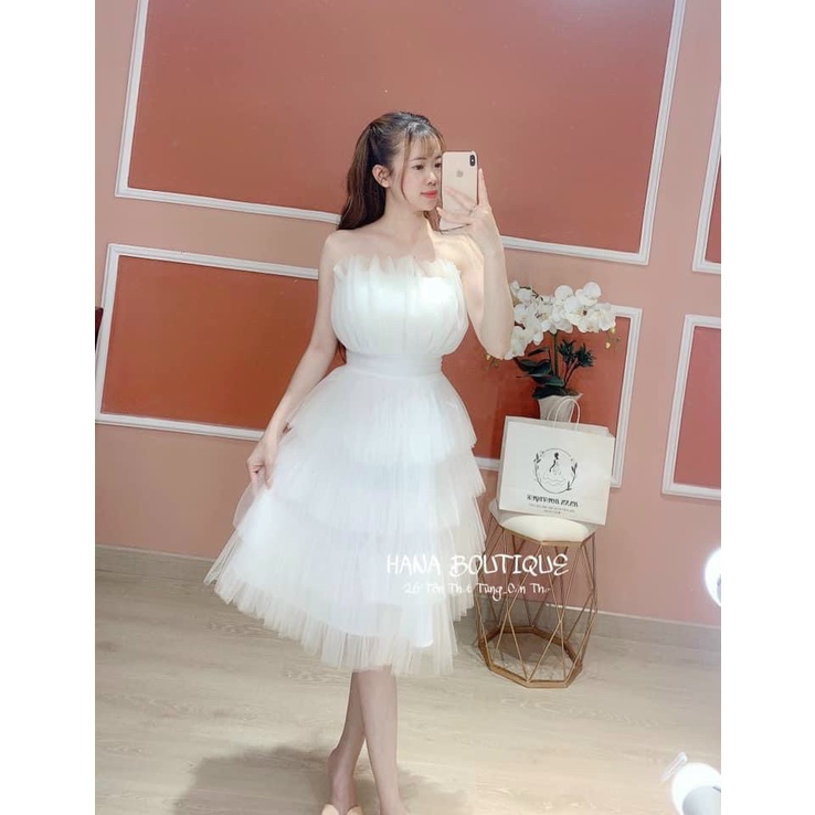 Váy cô dâu đi bàn cúp ngực phối ren tầng màu trắng sang trọng, váy chụp kỉ yếu màu trắng Linhnastore