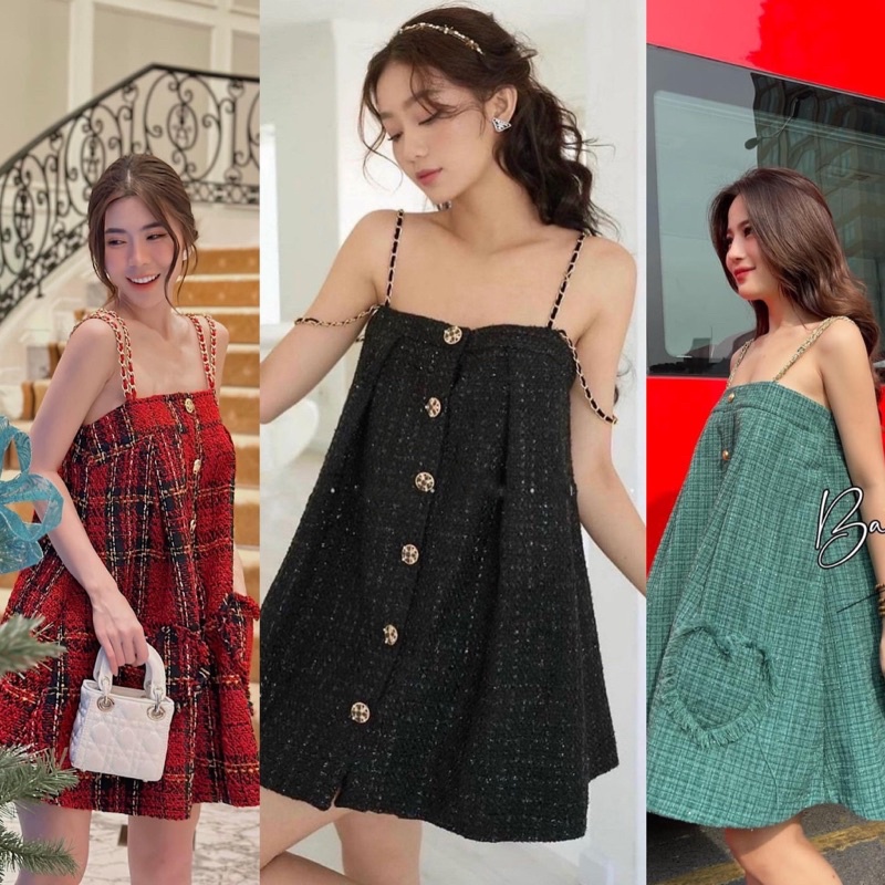 Đầm suông dạ đen 2 dây xích (về thêm caro đỏ cho Tết Noel)