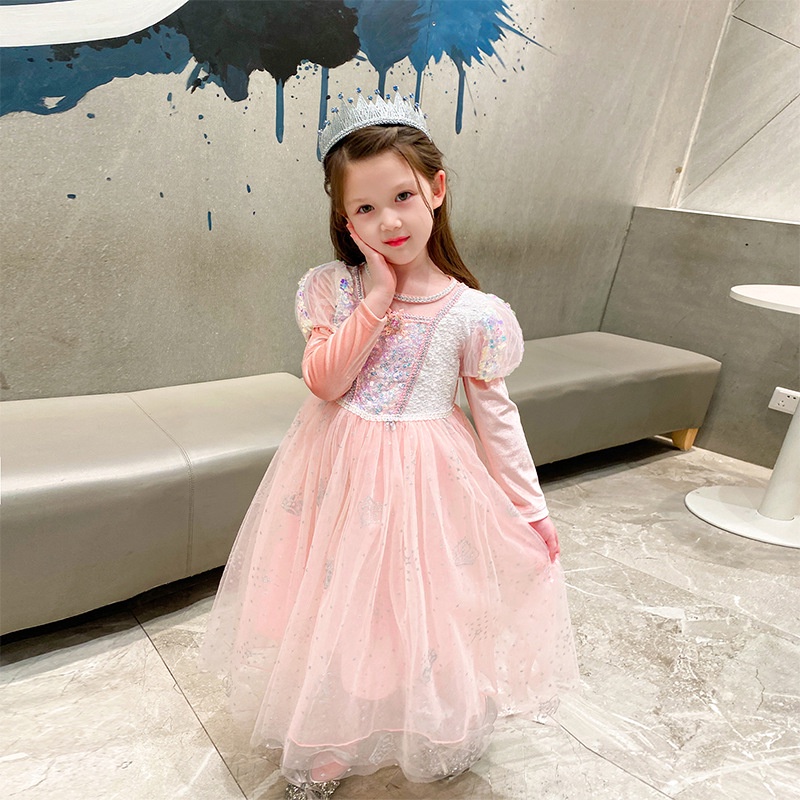 Váy Elsa tay dài màu hồng cam - mẫu mới 2023 cho bé gái 3-10 tuổi