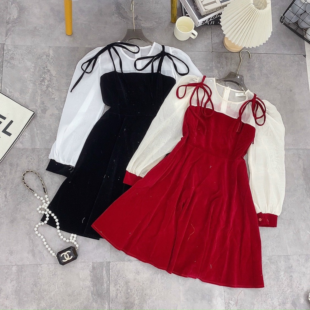 Đầm nữ , váy nữ chất nhung tuyết tay dài phối tơ siêu hot tổng hợp các mẫu - Ruby Design