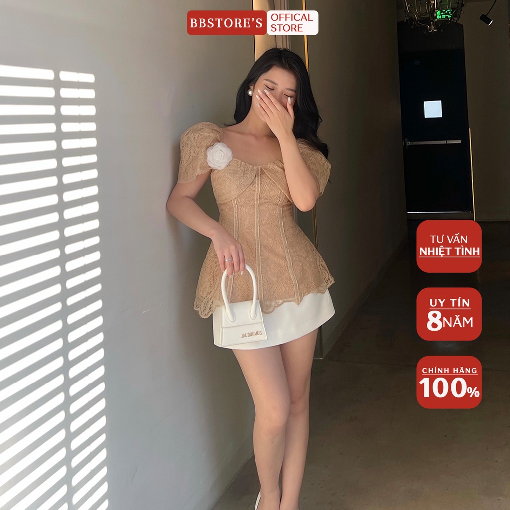 BBSTORE'S Áo Kiểu Dự Tiệc Phối Ren Tay Phồng Sang Trọng (không kèm tag hoa ) -A1549