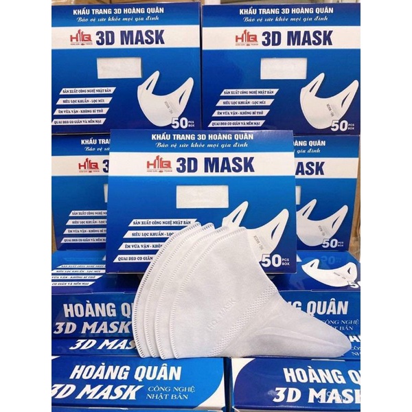 Khẩu Trang 3D Hoàng Quân. Loại Hộp 50c. Chuẩn Nhật Bản Kháng Khuẩn Chống Bụi Mịn.
